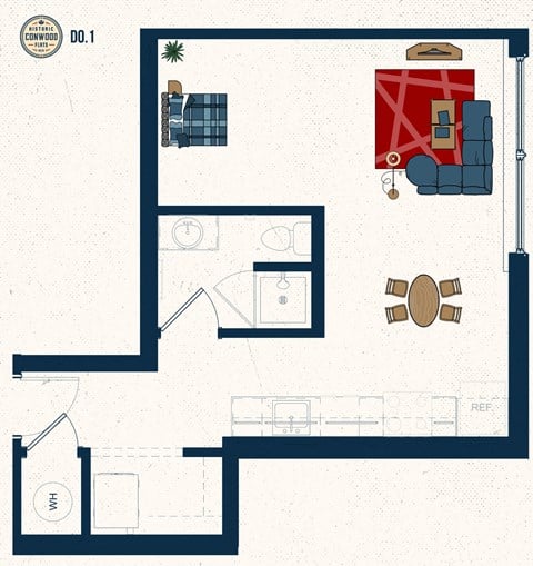 Floor plan for 1 bed, 1 bath, 463 sqft